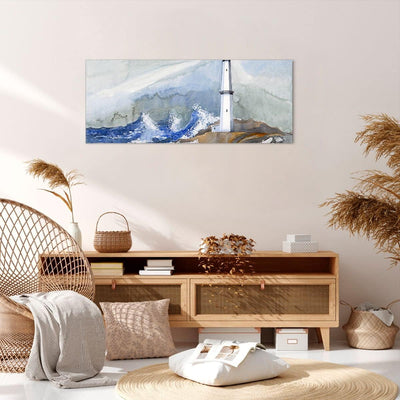 Wandbilder Dekoration Wohnzimmer Leuchtturm Wasser Illustration Welle Bilder auf Leinwand 120x50cm L