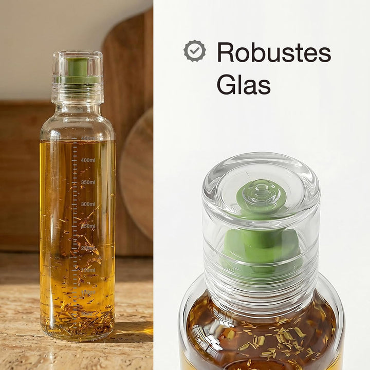 Dressingshaker aus Glas mit Skalierung 450ml | Dressing Behälter mit tropffreien Ausguss, spülmaschi