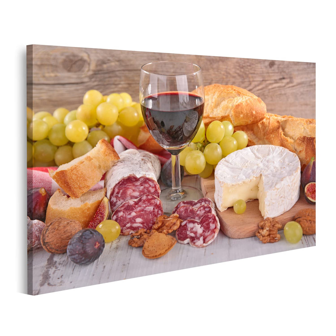 islandburner Bild auf Leinwand Wein Käse Wurst Und Brot Küchenbild Bilder Wandbilder Poster, 80L x 4
