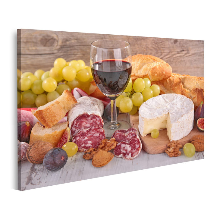 islandburner Bild auf Leinwand Wein Käse Wurst Und Brot Küchenbild Bilder Wandbilder Poster, 80L x 4