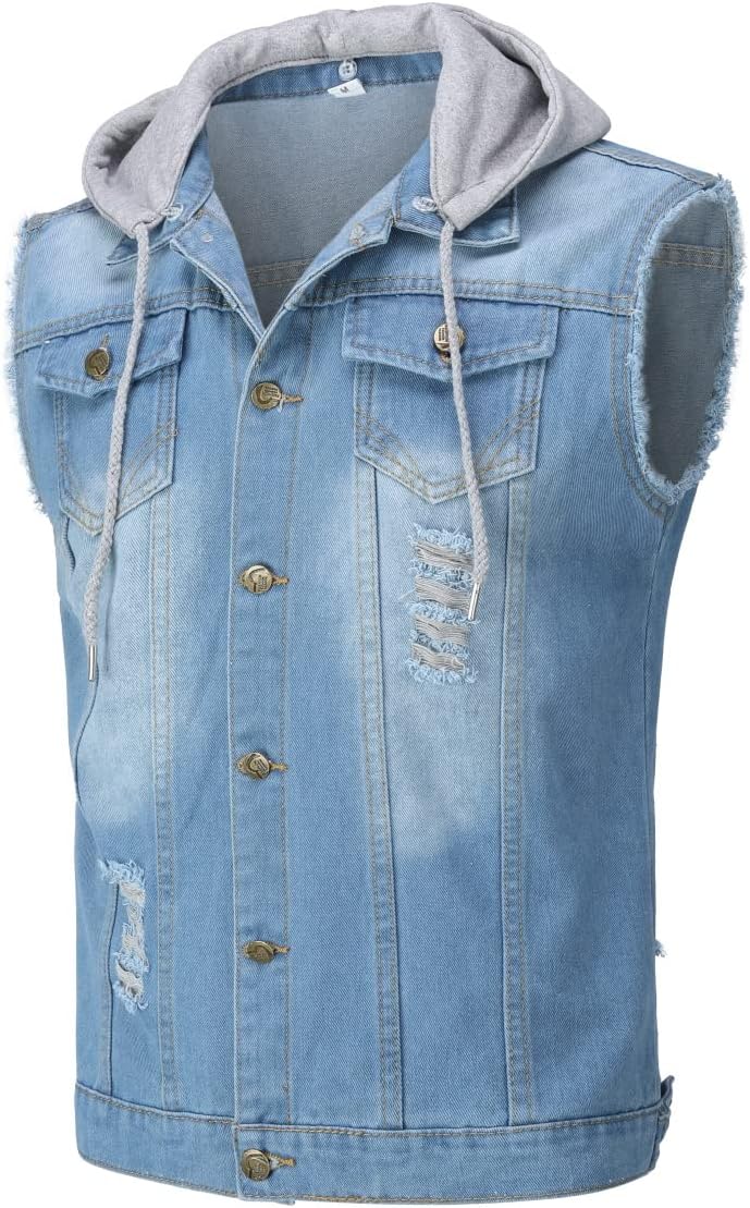 YOUTHUP Weste Herren Denim Weste mit Kappe Regular Fit Zerrissen Jeansweste Ärmellose Freizeitweste
