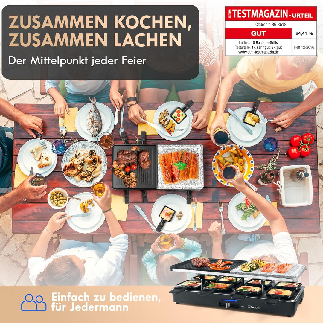 Clatronic RG 3518 Raclette-Grill mit heissem Stein zum Grillen und Überbacken, Wendegussplatte, Tisc