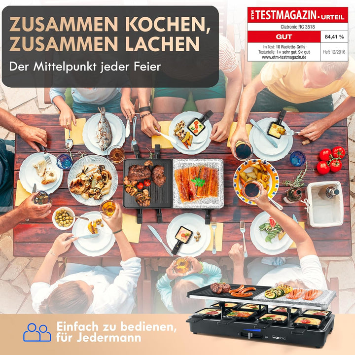 Clatronic RG 3518 Raclette-Grill mit heissem Stein zum Grillen und Überbacken, Wendegussplatte, Tisc