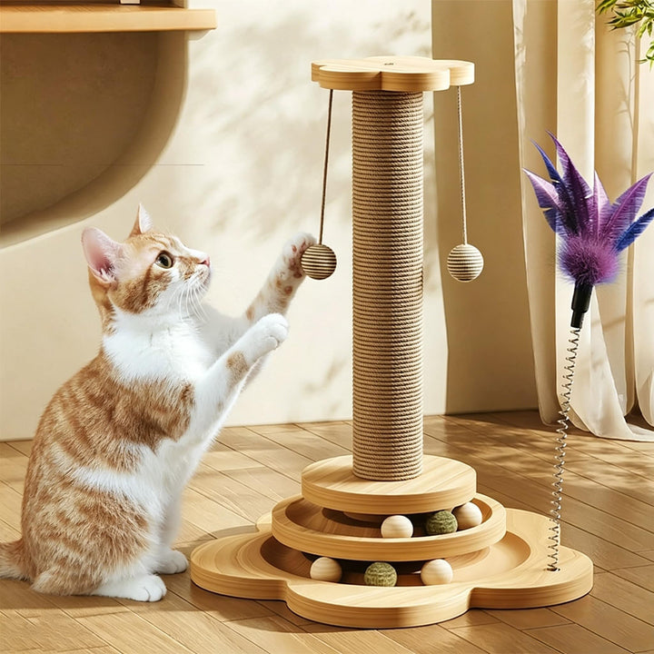 4 in 1 Katzenspielzeug hölzernes, Katze Sisal Seil Kratzbaum mit hängenden Ball, Interaktives Katzen