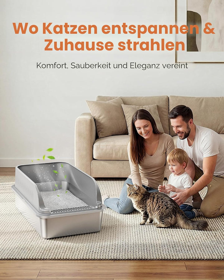 Katzenklo Edelstahl, Katzentoilette Gross XXL mit Schaufel, Katzenklo mit Abnehmbares Hoher Rand, Ha