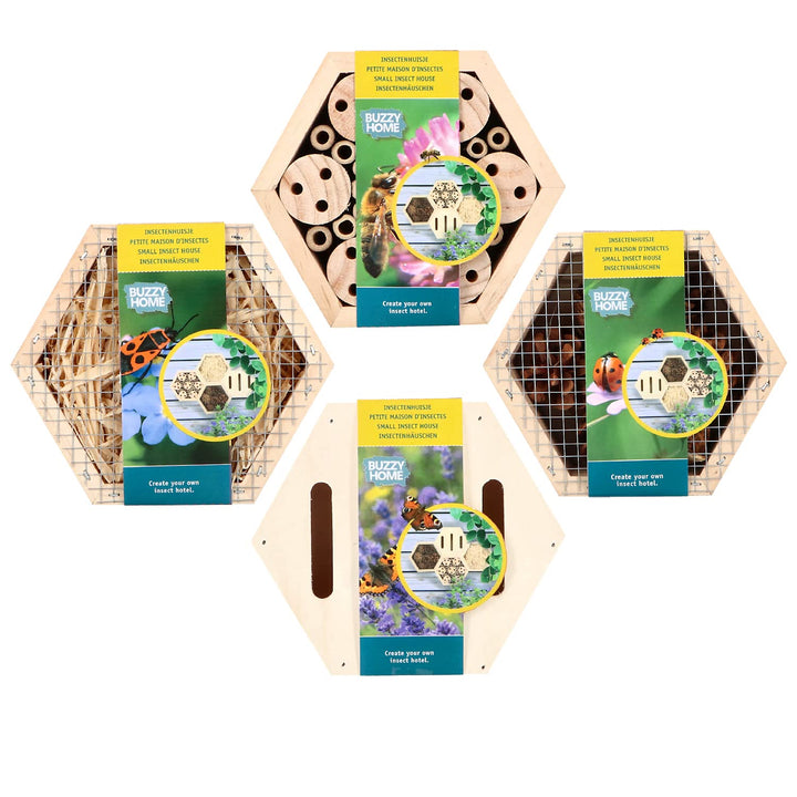Insektenhotel Buzzy® Home Hexagon - Set mit 4 Kästen für Bienen - Schmetterlinge - Käfer