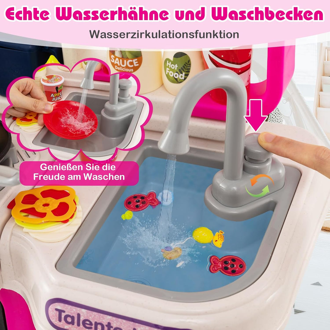 COSTWAY Kinderküche mit 95 Zubehör, Spielküche mit Licht, Sound & Dampf, Kinder Küche mit Kochherd,