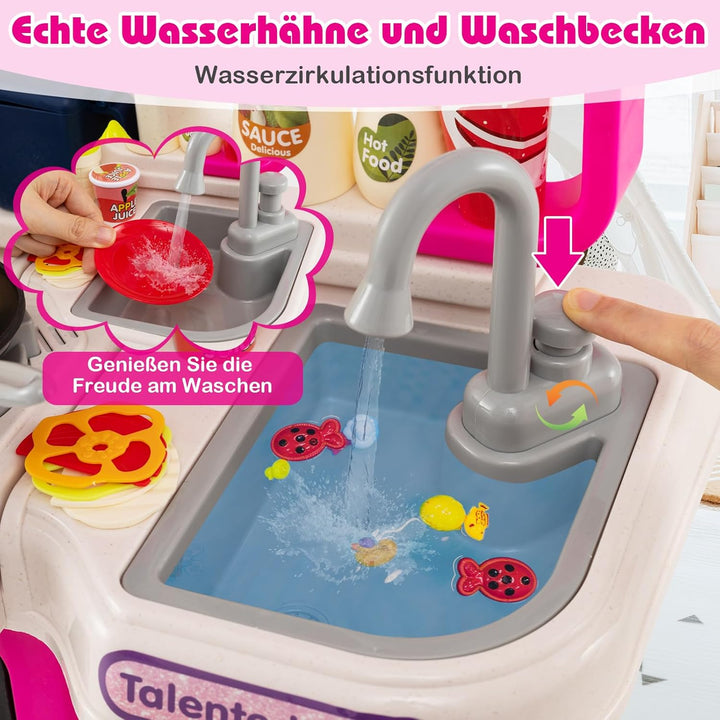 COSTWAY Kinderküche mit 95 Zubehör, Spielküche mit Licht, Sound & Dampf, Kinder Küche mit Kochherd,