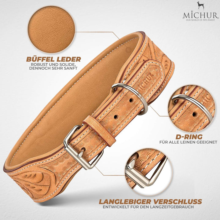 MICHUR Felipe Hundehalsband Leder, Lederhalsband Hund, Halsband, Leder, Caramel, Beige, Braun, MIT S