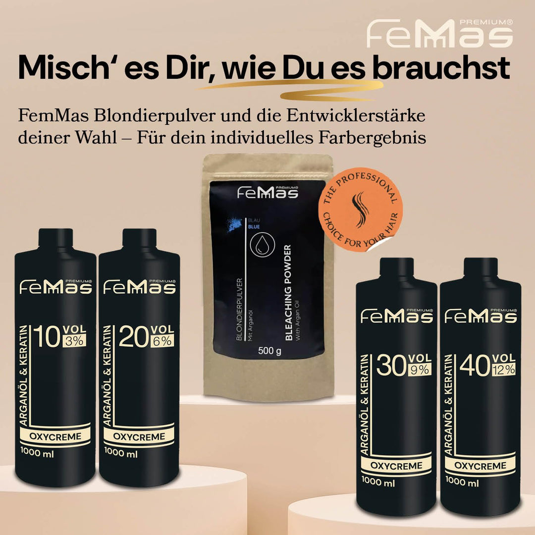 FemMas Blondier-Set: Blondierpulver mit Arganöl 500g & Entwickler 3 Prozent 1L I Perfektes Starterse
