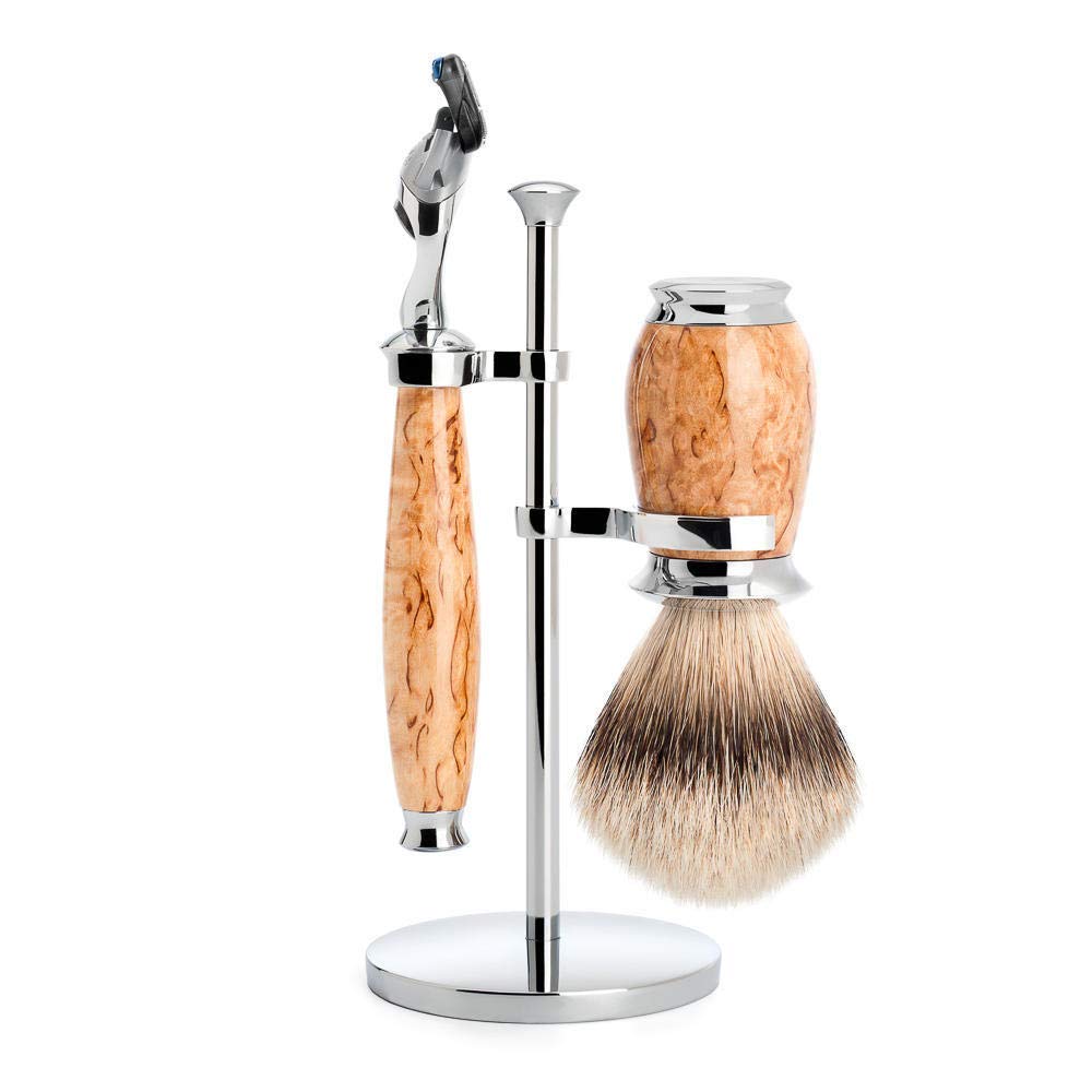 MÜHLE Rasierset - Purist Serie - Silberspitz Dachszupf - kompatibel mit Gillette-Klingen - karelisch