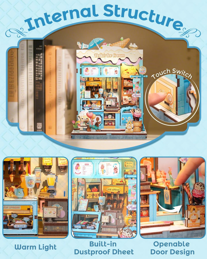 CUTEBEE Sommerliche Süsse 3D-Puzzle Book Nook - Eisgeschäft-Thema Puppenhaus-Set, traumhaft bunt, zu