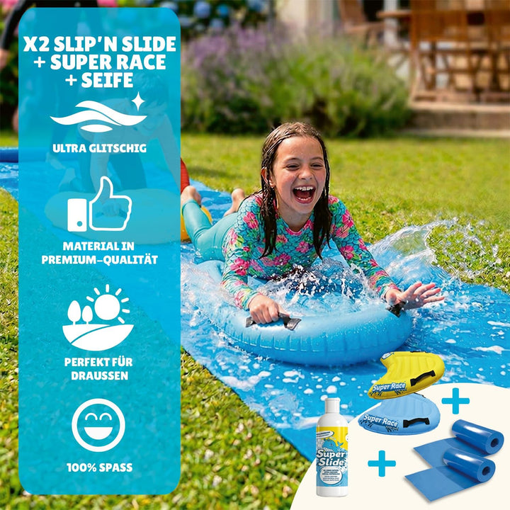 Original Cup Slipn'Slide 20 Meter XXL Pack | 2 Wasserrutschmatte 10 Meter + 2 Bodyboards + 1 Liter e