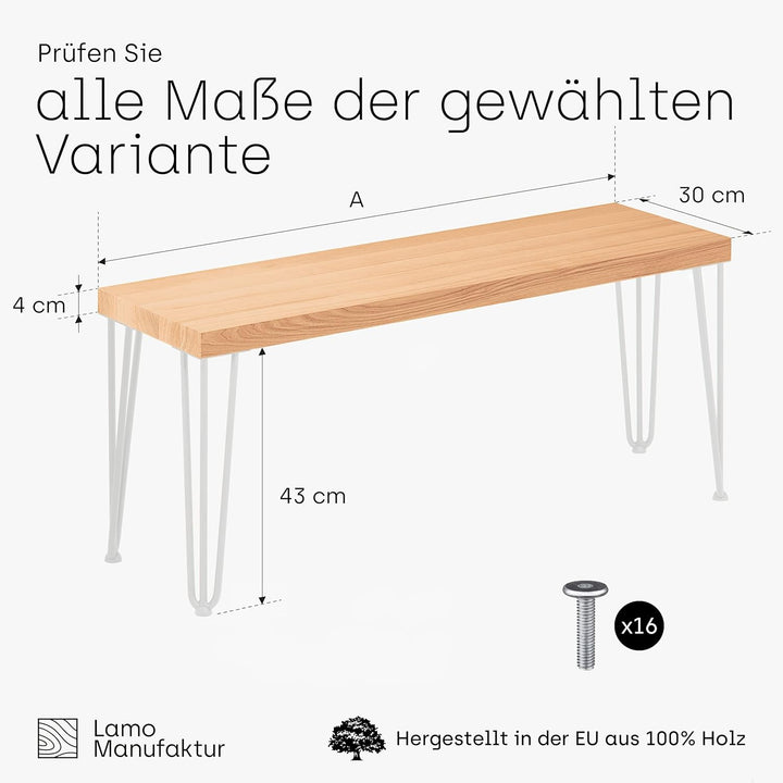 LAMO Manufaktur Sitzbank Esszimmer Holzbank Bettbank 30x60x47 cm, Möbelfüsse Creative Weiss/Natur, L
