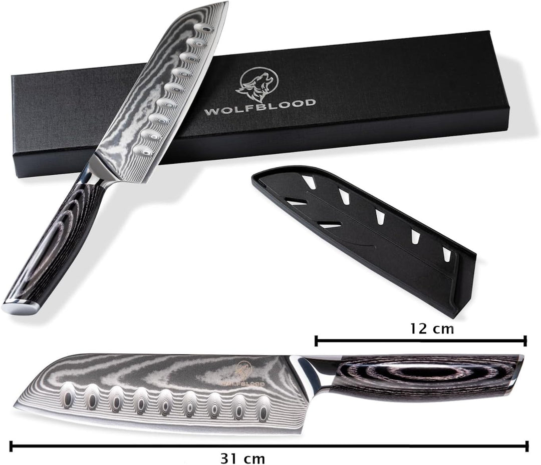 Wolfblood PRO Damastmesser Damast-Küchenmesser XL(31cm) Profi Santoku Messer aus echtem 67 Lagen Dam
