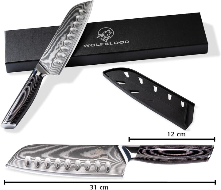 Wolfblood PRO Damastmesser Damast-Küchenmesser XL(31cm) Profi Santoku Messer aus echtem 67 Lagen Dam
