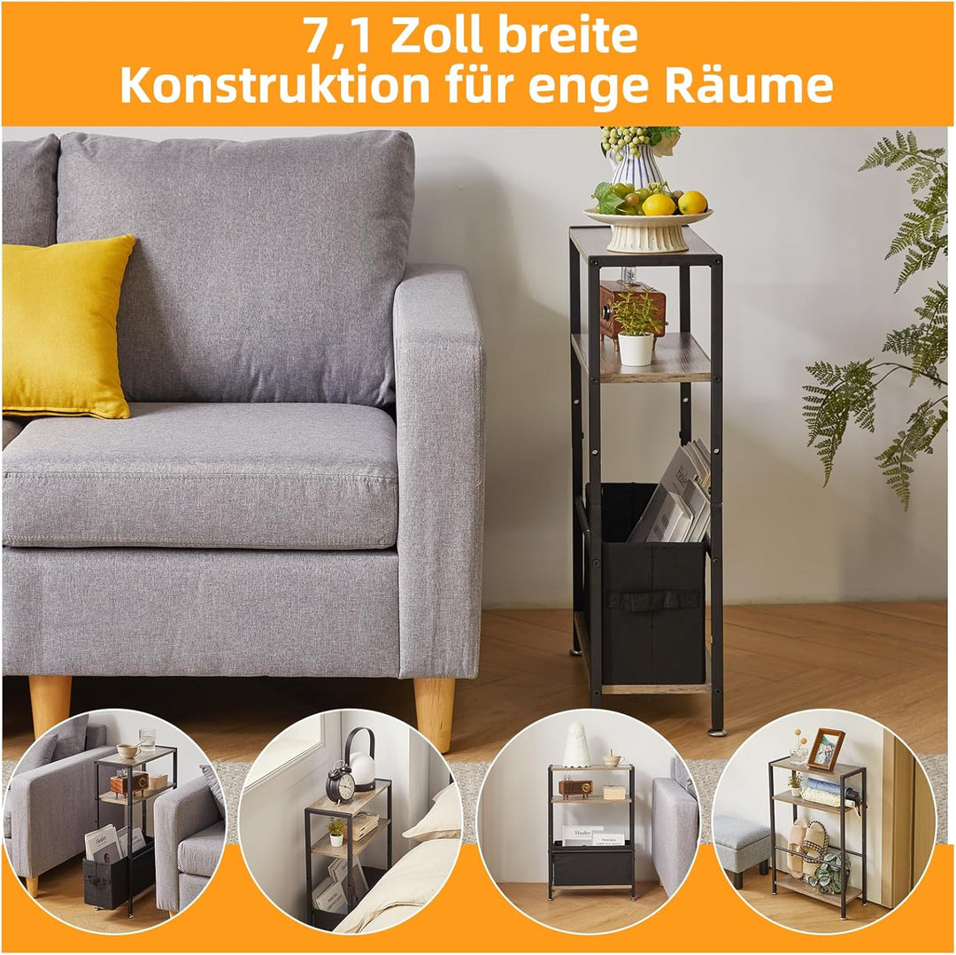 Schmaler Beistelltisch mit Ablagefläche, 3-stufiger Schmaler Sofatisch mit Stoffkorb,dünner Beistell