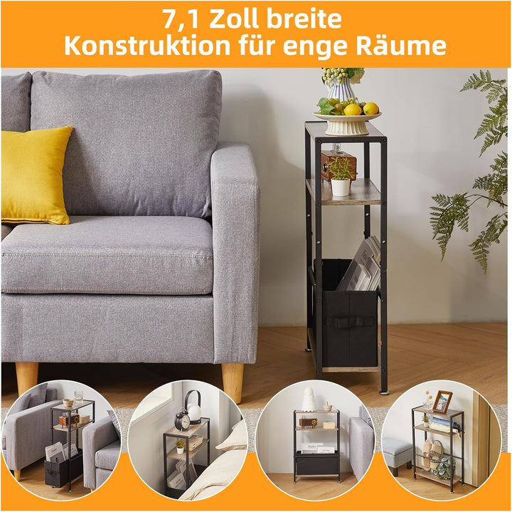 Schmaler Beistelltisch mit Ablagefläche, 3-stufiger Schmaler Sofatisch mit Stoffkorb,dünner Beistell