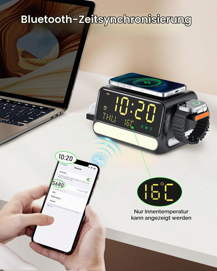 7-in-1 kabellose Ladestation mit Wecker, sprachgesteuertem Nachtlicht, Temperatur &amp; Datum, inklusive