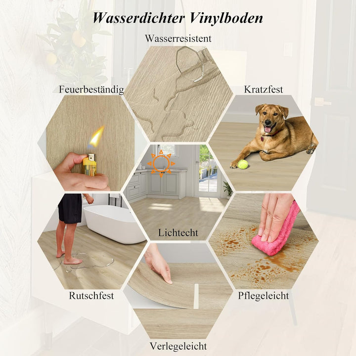 Mysflosy Vinylboden Selbstklebend, PVC Bodenbelag holzoptik wasserdicht, Natürliche Eichenfarbe 15,2