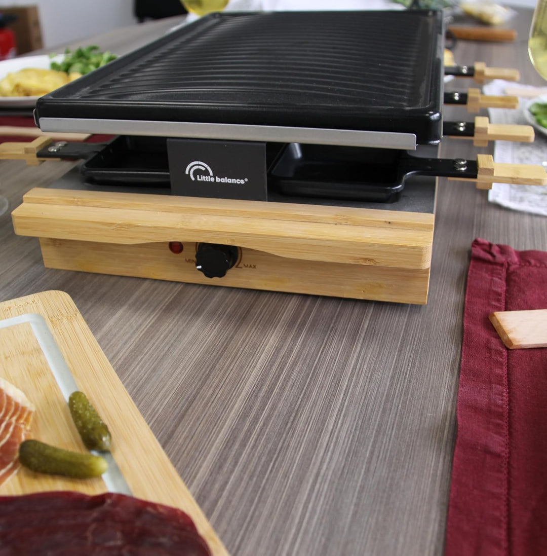 LITTLE BALANCE 8501 Premium Bambus 8, Raclette Grill 8 Personen, Antihaftbeschichtung, 1200 W, echte