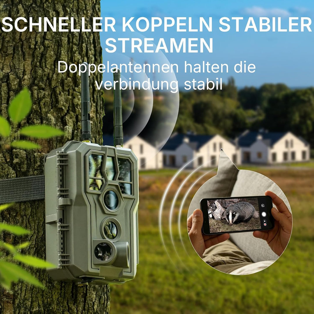 GardePro E8 2.0 Pro Wildkamera Doppelantenne WLAN mit 64GB SD Karte, 64MP H.264 4K Video Wiederaufla