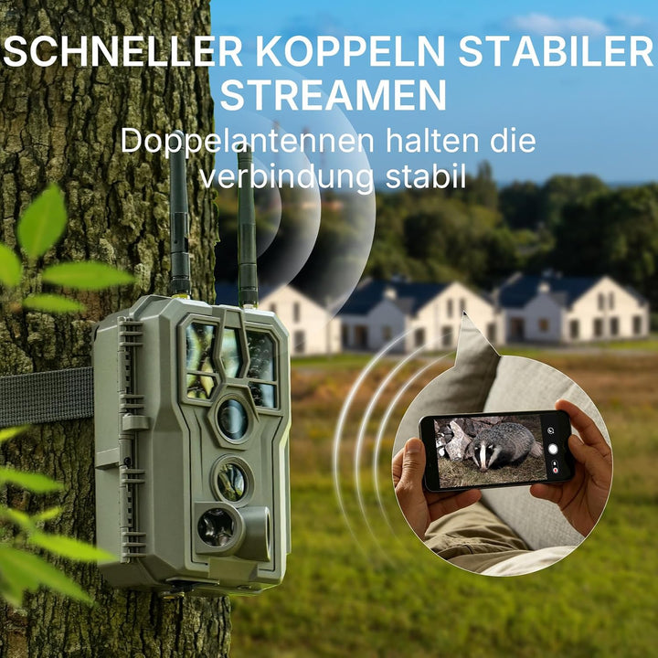 GardePro E8 2.0 Pro Wildkamera Doppelantenne WLAN mit 64GB SD Karte, 64MP H.264 4K Video Wiederaufla