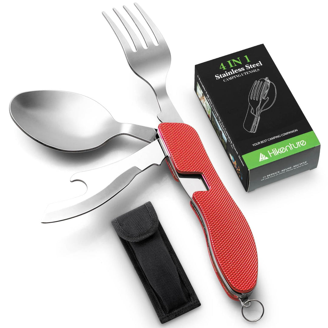 HIKENTURE® Outdoor Campingbesteck Set - Klappbesteck Outdoor Besteck aus Edelstahl mit Gürteltasche