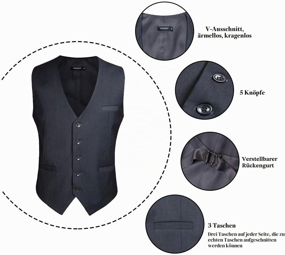 HISDERN Herren Formale Hochzeit Party Weste Baumwolle Einfarbig Weste XS Grau, XS Grau