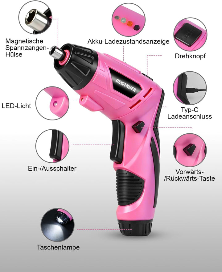 DEWINNER Akkuschrauber Rosa 3,6V 3N.m 1300mAh – Kompakter Bohrschrauber mit LED-Licht, USB-C Ladekab
