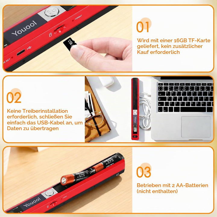 A4 Tragbarer Scanner, USB-Bildscanner, Handscanner, Farbscannen, 900 DPI, A4 Tragbarer Dokumentensca
