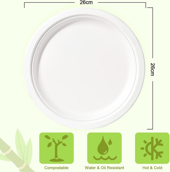 GREENESAGE Einwegteller 150 Stück Pappteller 26CM Weiss Rund Einweggeschirr Gross Einmalteller Zucke