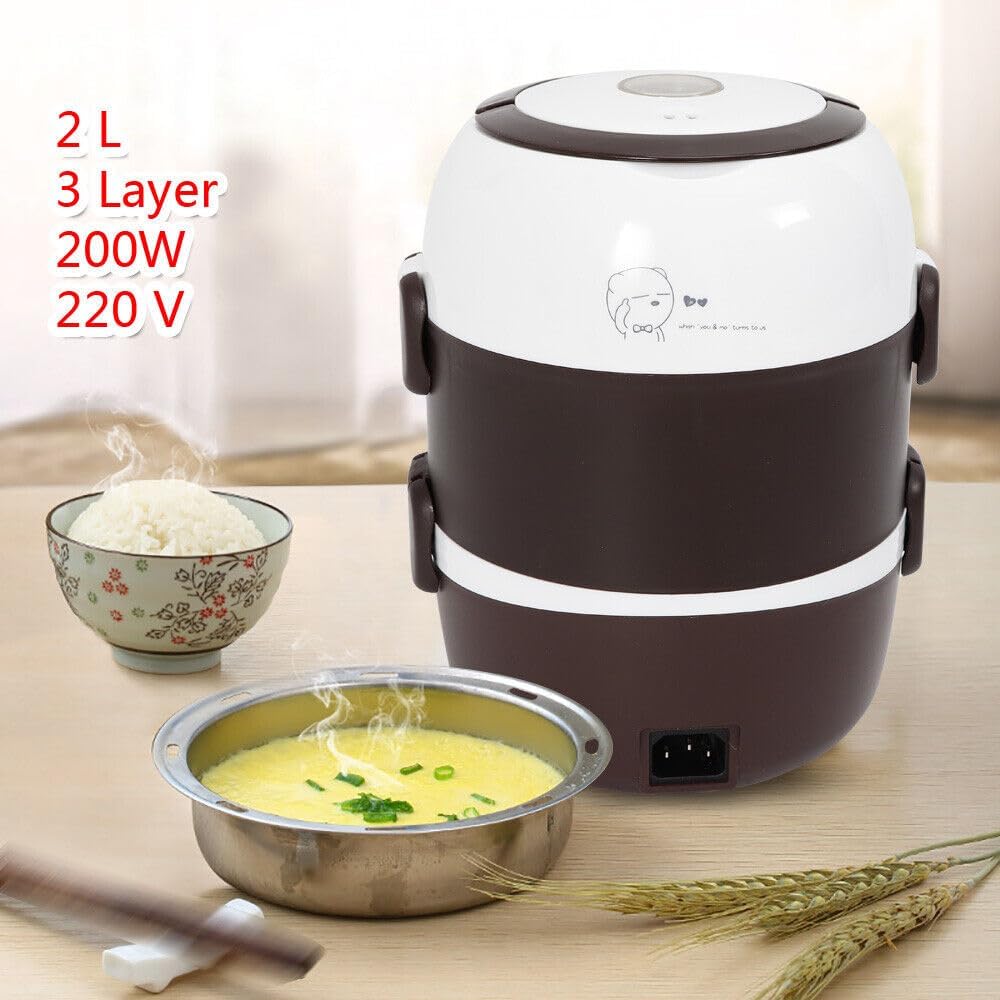 2L 3 Schichten Tragbare Brotdose Reiskocher Elektrisch Lunchbox, 360°Dampferhitzungstechnologie Esse