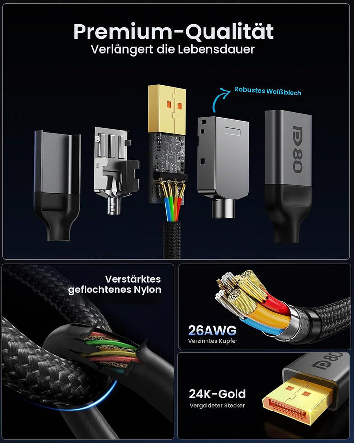 Silkland 80Gbps DisplayPort Kabel 2.1 1.5M [VESA-Zertifiziert] DP80, 8K@240Hz 4K@960Hz/540Hz/480Hz/2