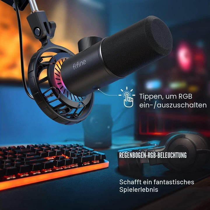 FIFINE USB Gaming Mikrofon, RGB Dynamische Mikrofone PC mit Stummschalttaste, Plug-and-Play Nierench