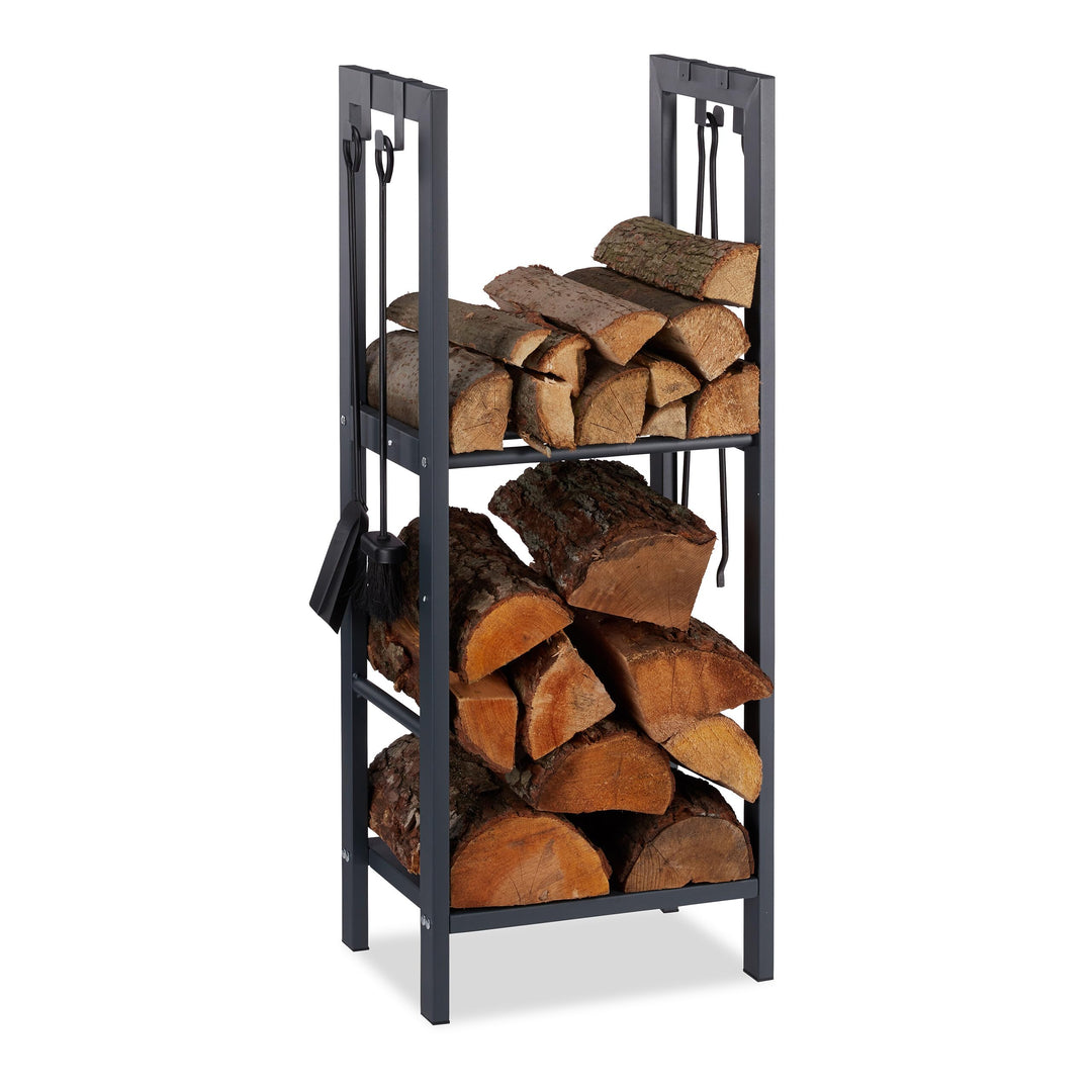 Relaxdays, anthrazit Kaminholzregal mit 2 Ablagen, aus Stahl, 4 Haken für Kaminbesteck, Brennholzreg