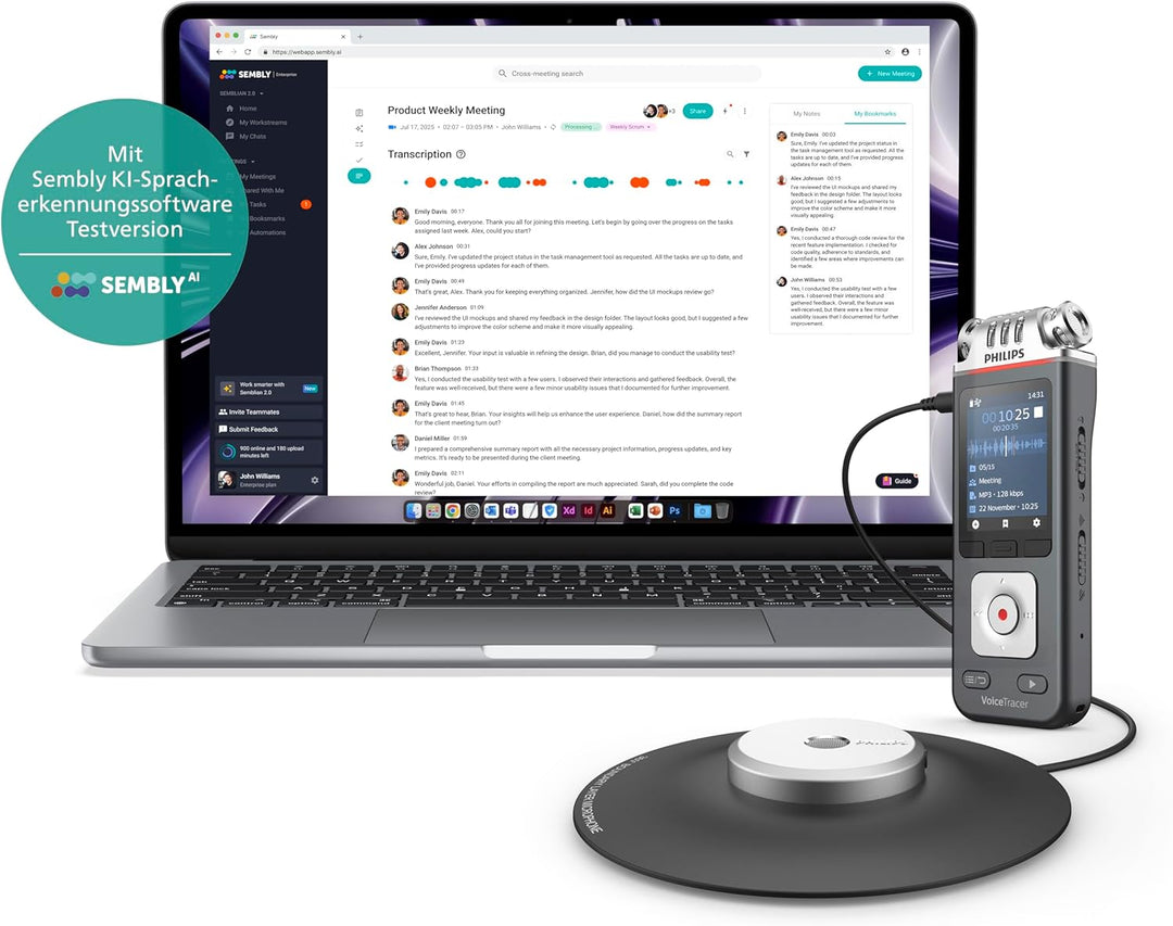 Philips DVT8115 VoiceTracer, Diktiergerät Aufnahmegerät, HiFi Meeting Mikrofon, hervorragende Meetin