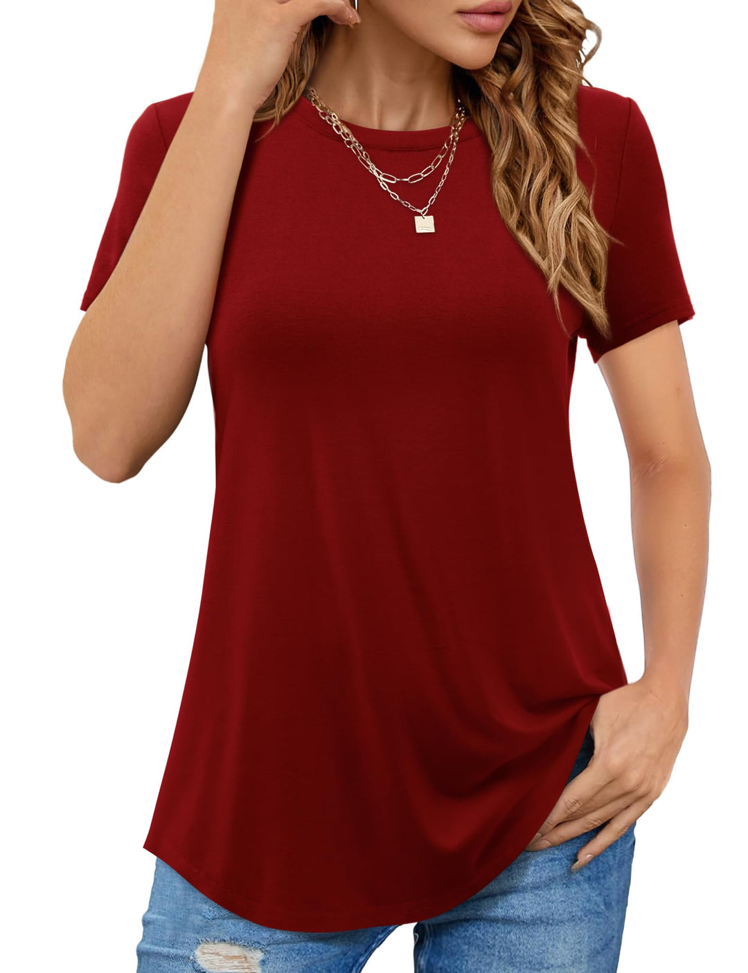 Beluring T-Shirt Damen Lässig Kurzarm/Langarm Oberteile Rundhals Longshirt S Stil A:rot, S Stil A:ro