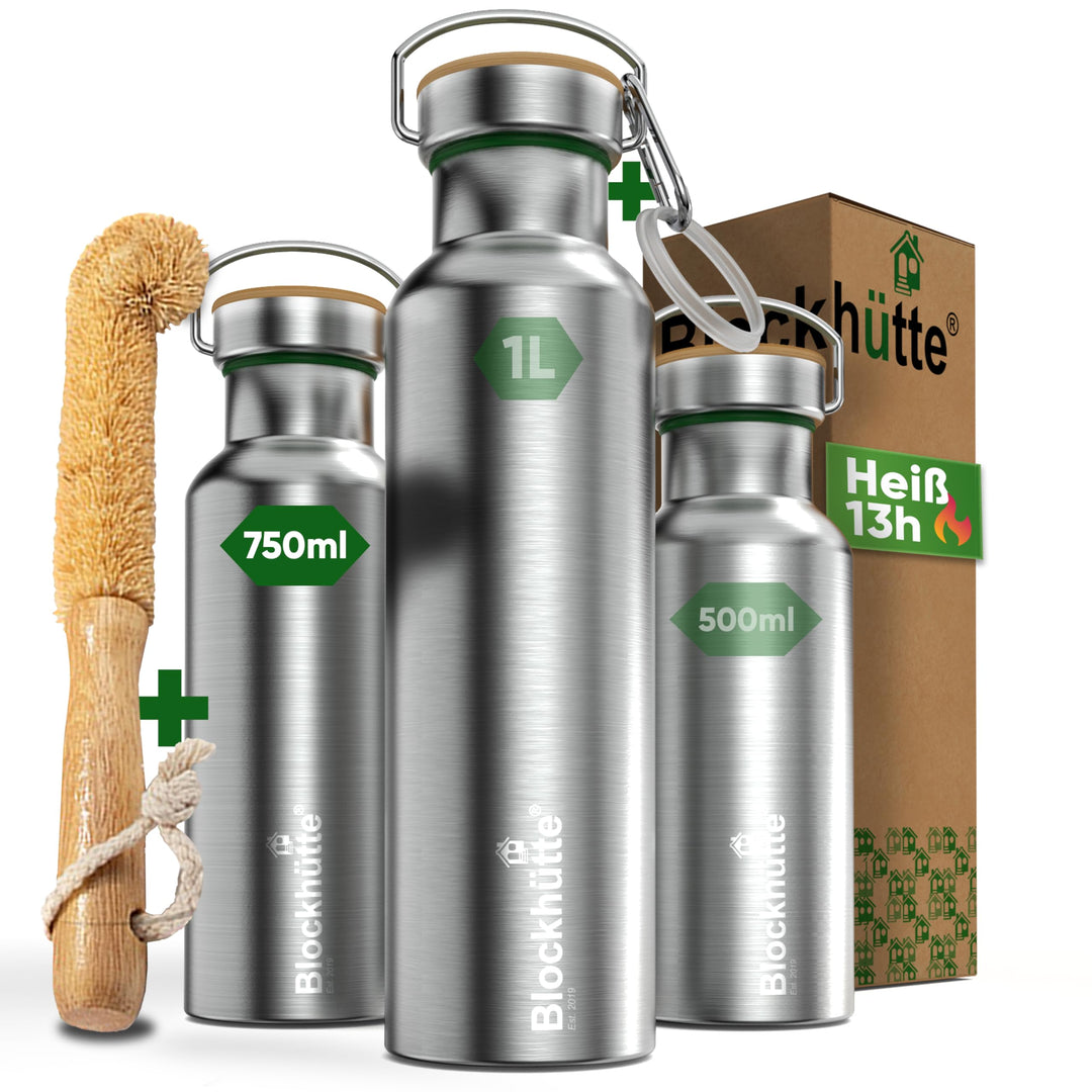 Blockhütte Premium Edelstahl Trinkflasche isoliert I 750ml I mit Naturborsten Bürste I Isolierflasch