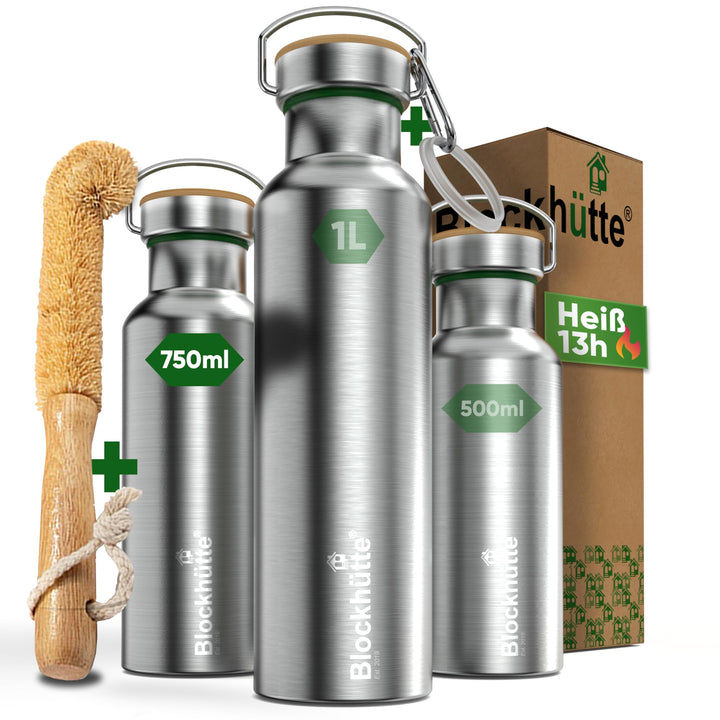 Blockhütte Premium Edelstahl Trinkflasche isoliert I 750ml I mit Naturborsten Bürste I Isolierflasch