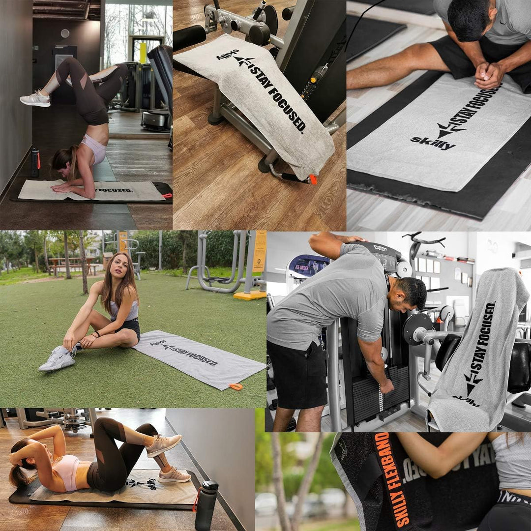 skilly Fitness Handtuch aus Baumwolle, 120x50cm mit Antirutsch-Funktion für das Training an Fitnessg