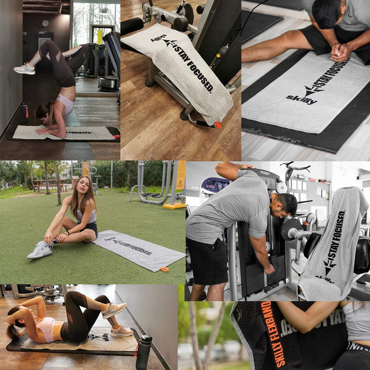 skilly Fitness Handtuch aus Baumwolle, 120x50cm mit Antirutsch-Funktion für das Training an Fitnessg