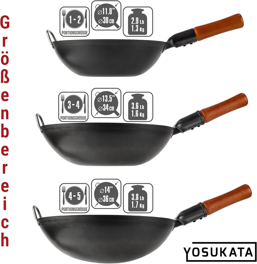 YOSUKATA Wokpfanne aus Karbonstahl – 30 cm Woks und Rührpfannen – Chinesischer Wok mit flachem Boden