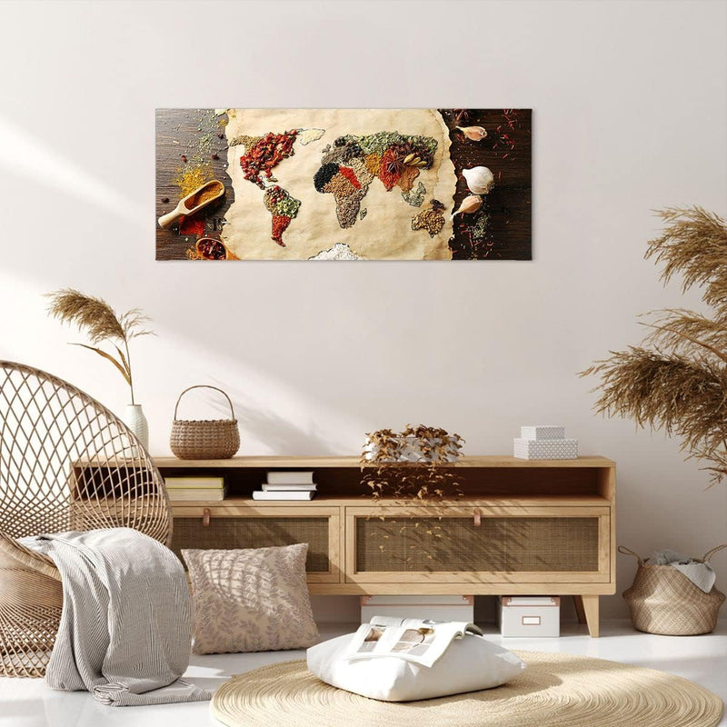 Wandbilder Dekoration Wohnzimmer Welt Karte Gewürze Farben Panorama Bilder auf Leinwand 120x50cm Lei