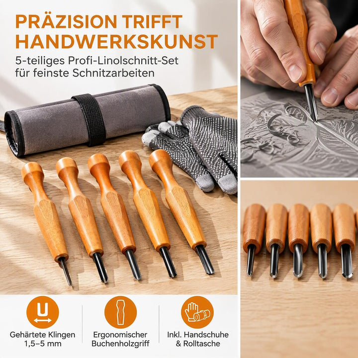Schnitzmesser Set 5-teilig für Linolschnitt mit Buchenholzgriff