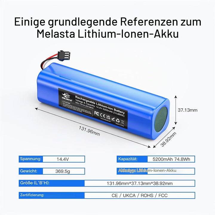 melasta 14.4V Li-Ion 5200 mAh Ersatz Akku Batterie für Proscenic M7 M8 Pro/Lydsto R1 / Uoni V980 Plu