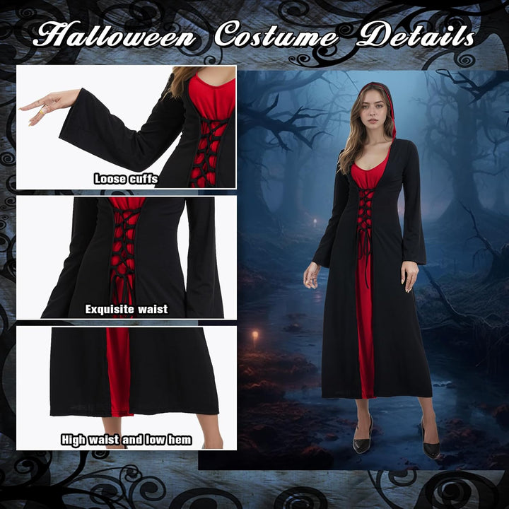 FSUJWOA Frauen Halloween Kostüme für Erwachsene mittelalterlich Kapuze Maxi Kleid für Frauen Mode Ro
