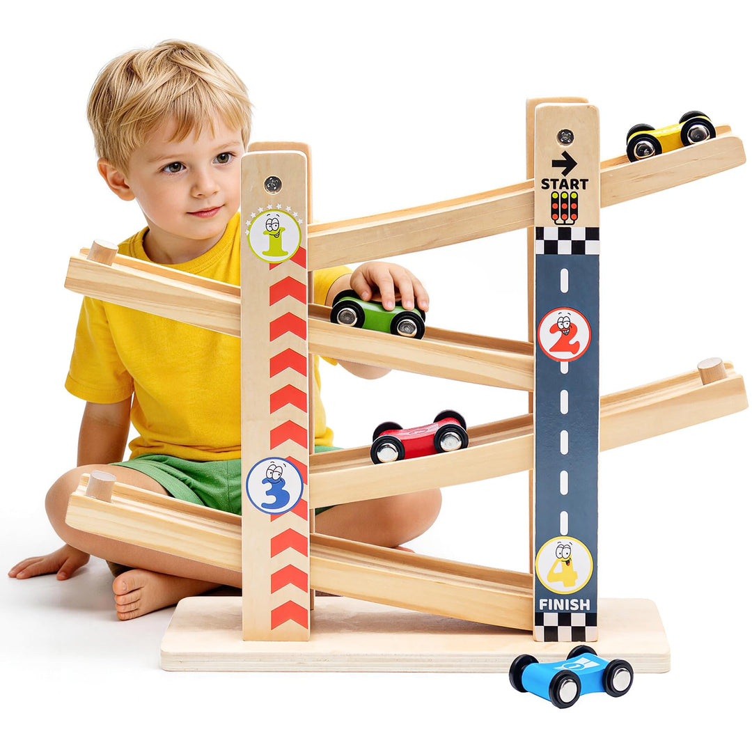 NUKied Kugelbahn Holz,Premium Holzspielzeug mit 4 Autos,Autorennbahn Holz Spielzeug für Jungen Gesch