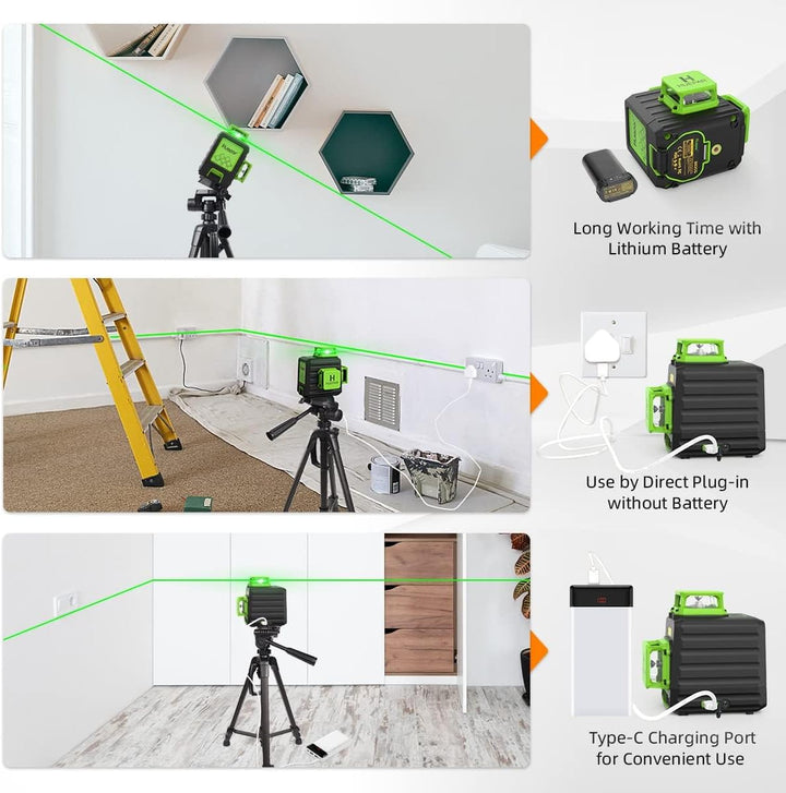 Huepar 3x360 Selbstnivellierender Kreuzlinienlaser, 3D-Grünstrahl, Drei-Ebenen-Nivellier- und Ausric