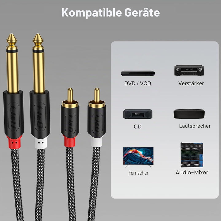 J&amp;D 2x 6,35 mm zu 2RCA Kabel, Gold-Plated [AudioWave-Serie] 2 x 6,35mm 1/4" Männlich TS zu 2 RCA Män